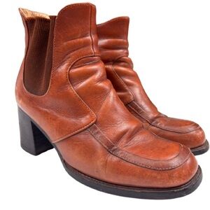 Vintage 80s Harson Italy Cognac Leather Ankle Boots Chunky Heel EU 35.5 US/5-5.5